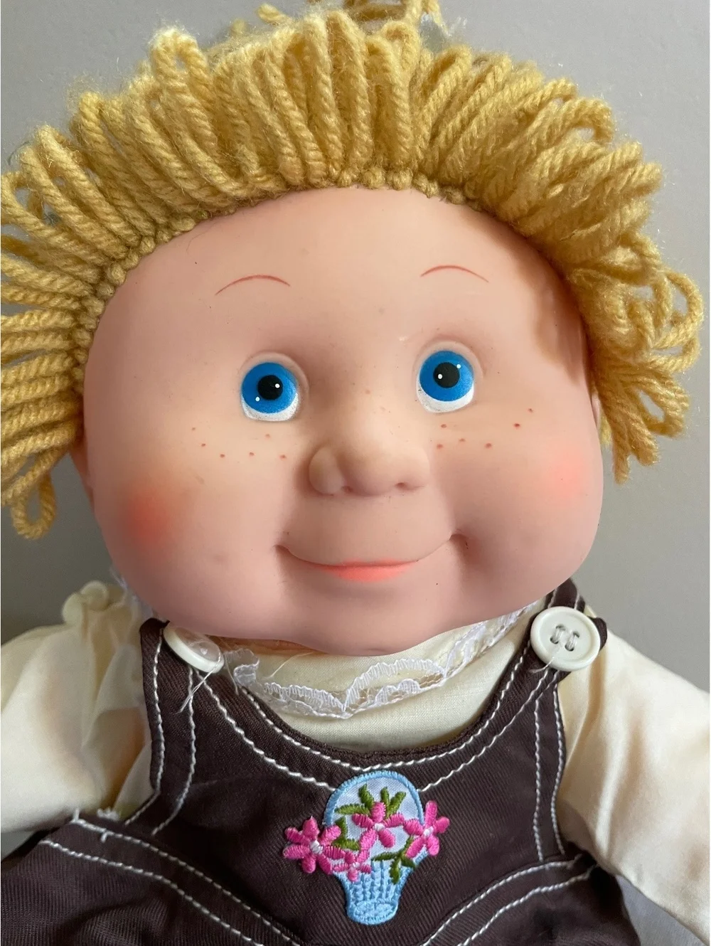 Vintage 1983 Blue Box Flower Kids Doll Blonde Yarn Hair Brown Overalls Plush 16”